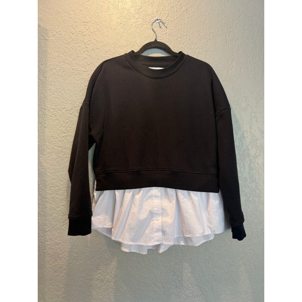 Calvin Klein Jeans Womens Black Layered Mixed Media Sweatshirt White Hem Size‎ M